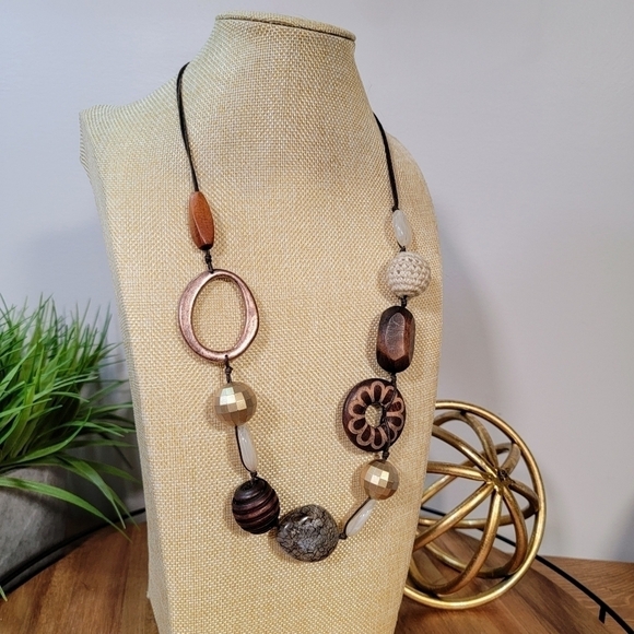 Statement Necklace Wooden Beads Copper Tone Ring Crochet Textured Boho - Picture 7 of 9